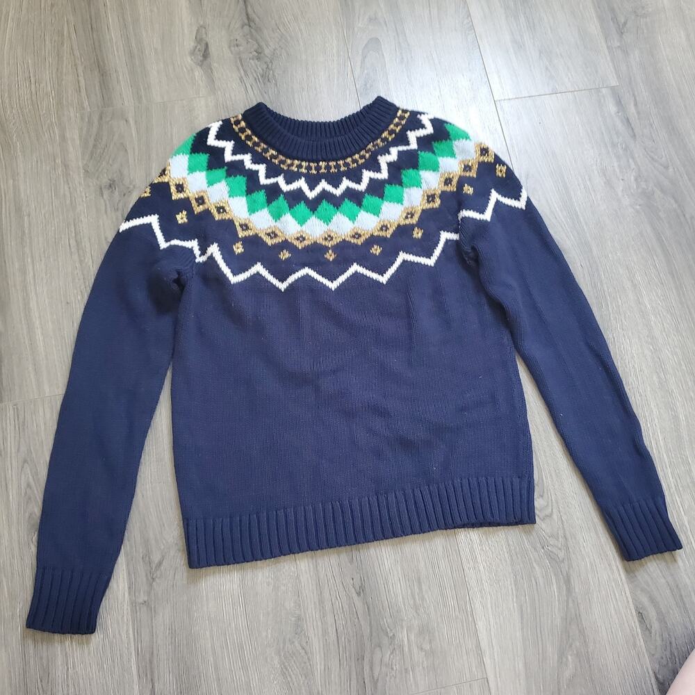 J. Crew Factory Navy Crewneck Sweater with Green, White & Gold Fair Isle Yoke